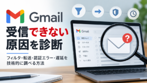 Gmailが受信できない原因を、フィルタ・転送・認証エラー・遅延などから調べるイメージを示したパソコン画面と虫眼鏡の画像