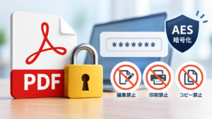 PDFファイルに南京錠とパスワードを組み合わせ、AES暗号化、編集禁止、印刷禁止、コピー禁止を表現したPDFセキュリティのイメージ画像