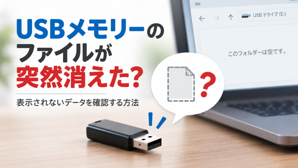 USBメモリーとノートパソコンを背景に、ファイルが突然消えて表示されないトラブルと確認方法を表した画像。