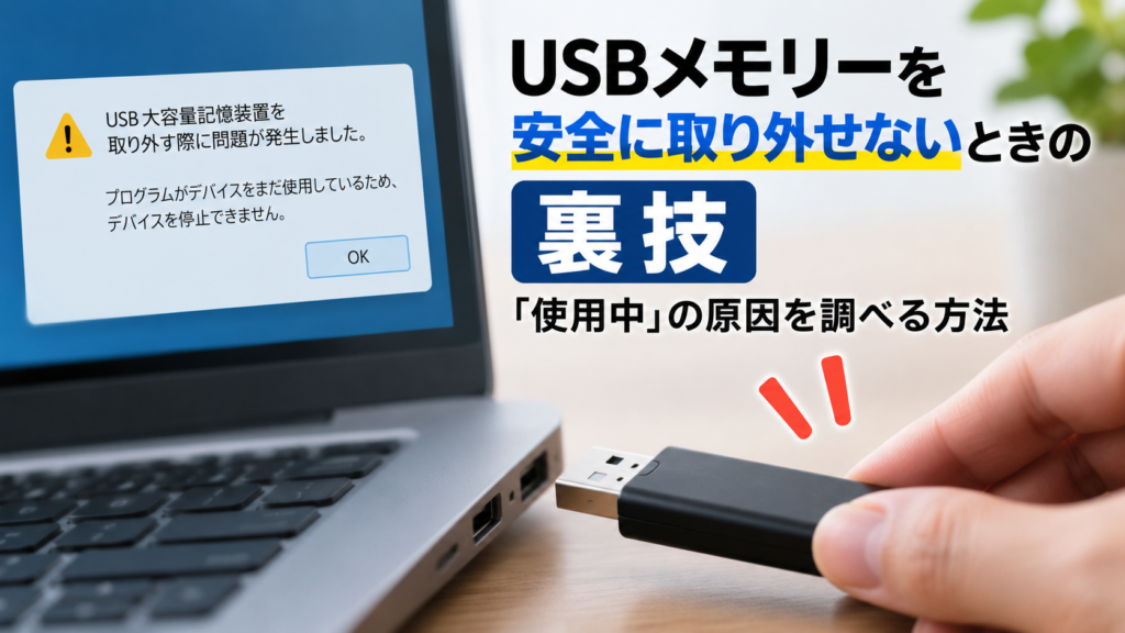 USBメモリーを安全に取り外せず、「使用中」の原因を調べる方法を示したパソコン画面とUSBメモリーの画像