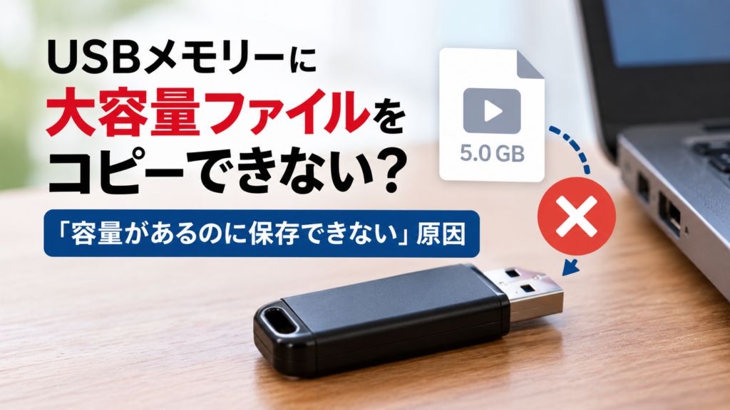 USBメモリーに大容量ファイルをコピーできず、保存できない原因を示したイメージ画像