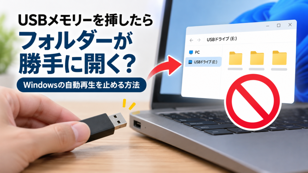 USBメモリーを挿すとフォルダーが勝手に開く状態と、Windowsの自動再生を止める方法を示したパソコンのイメージ画像