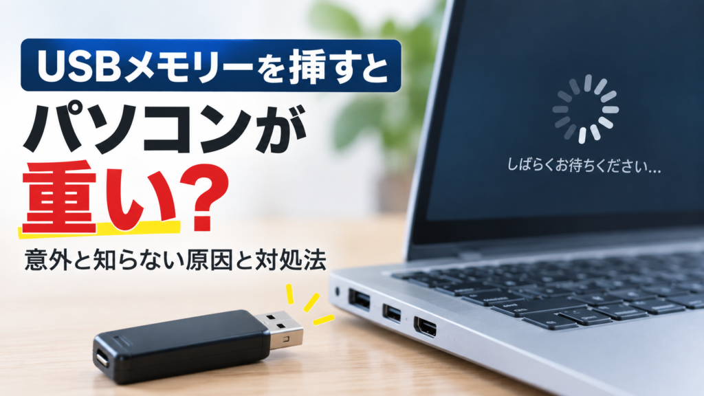 USBメモリーを挿したノートパソコンが重くなり、読み込み中の表示が出ている様子と、原因と対処法を示すタイトルを配置した画像