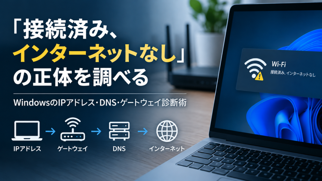 Windowsの「接続済み、インターネットなし」の原因を、IPアドレス・ゲートウェイ・DNS・インターネットの通信経路で診断するイメージ