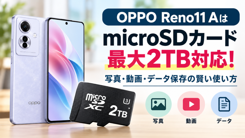 OPPO Reno11 Aと最大2TB対応のmicroSDカードを配置し、写真・動画・データの保存方法を紹介する画像。