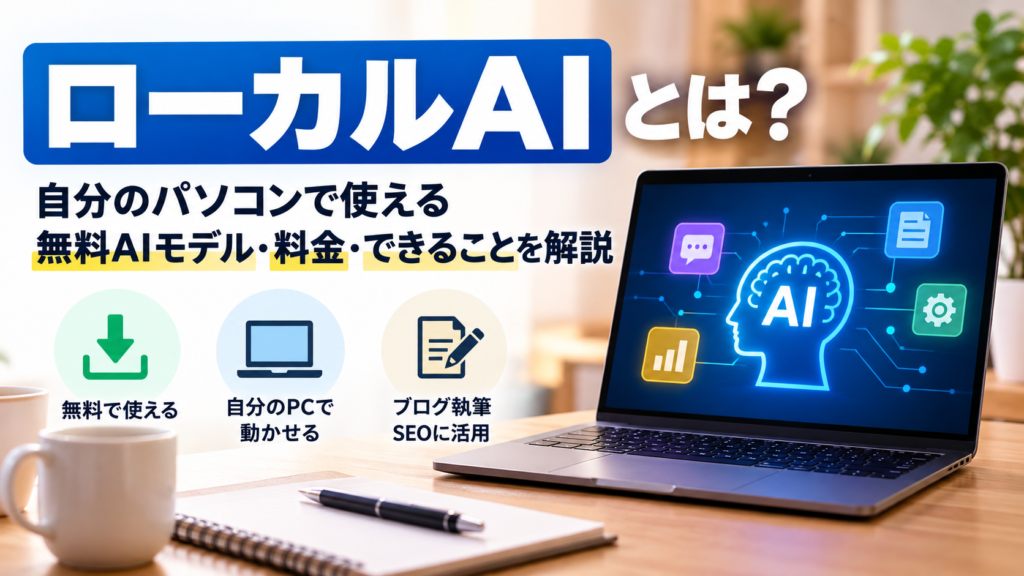 ローカルAIとは何かを解説する画像。AIのイメージを表示したノートパソコンとともに、自分のパソコンで使える無料AIモデルの料金や機能、ブログ執筆・SEOへの活用方法を紹介。
