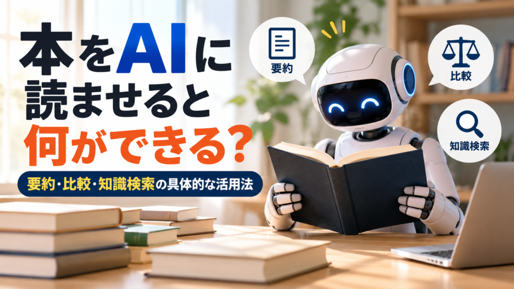 本をAIに読ませる活用法を紹介する画像。開いた本を読むロボットと、要約・比較・知識検索のアイコンを配置し、AIによる読書や知識整理の方法を表現している。